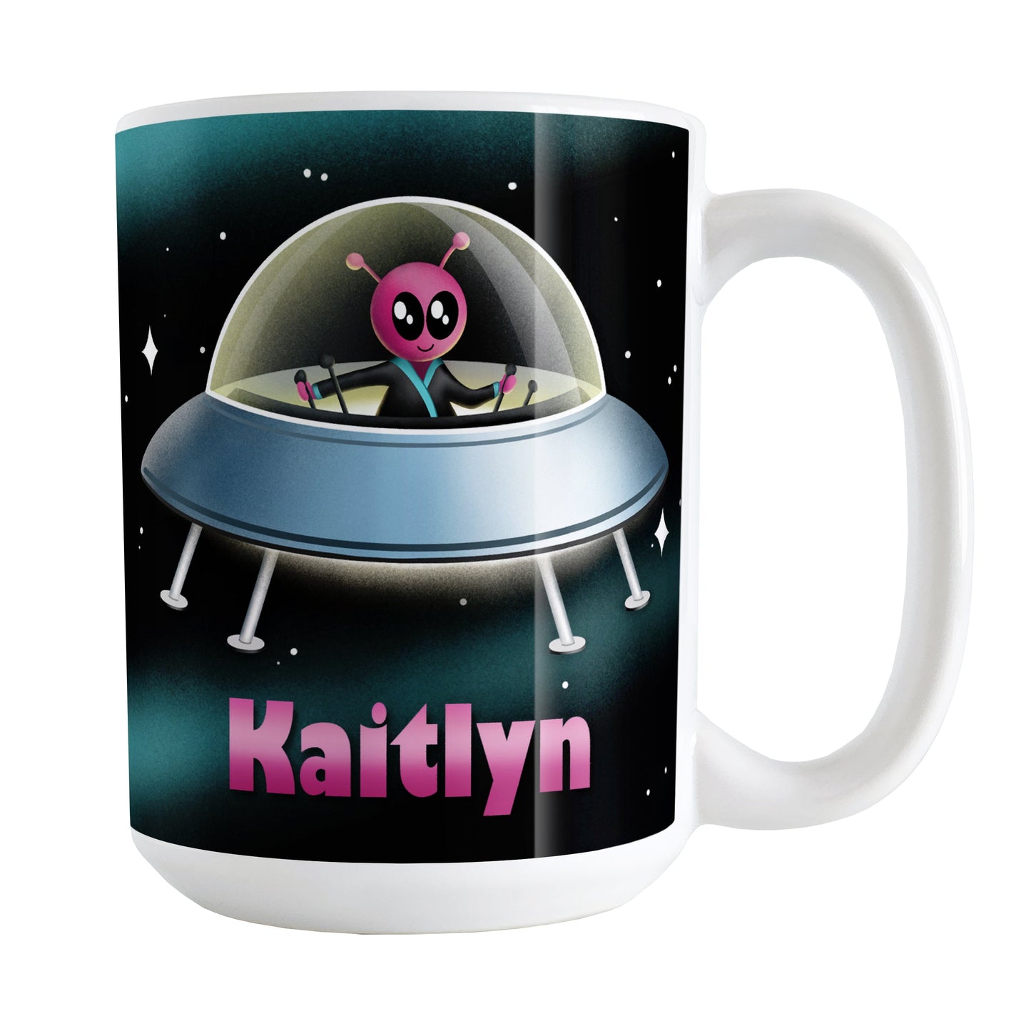 Personalized Pink Alien Spaceship Mug (15oz) at Amy's Coffee Mugs. A ceramic coffee mug designed with a unique and cute pink alien piloting a blue saucer spaceship with a glass dome, on both sides of the mug, over an outer space background that wraps around the mug up to the handle. Your personalized name is custom-printed in pink below the alien spaceship design.