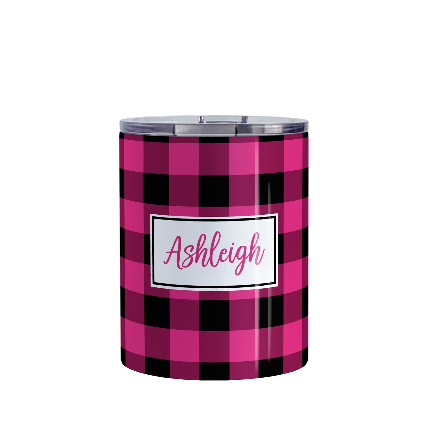 Personalized Pink and Black Buffalo Plaid Tumbler Cup (10oz, stainless steel insulated) at Amy's Coffee Mugs. A tumbler cup designed with a raspberry pink and black buffalo plaid (buffalo check) pattern that wraps around the cup. Your name is printed in a raspberry pink script font in a white frame design over the buffalo plaid background.