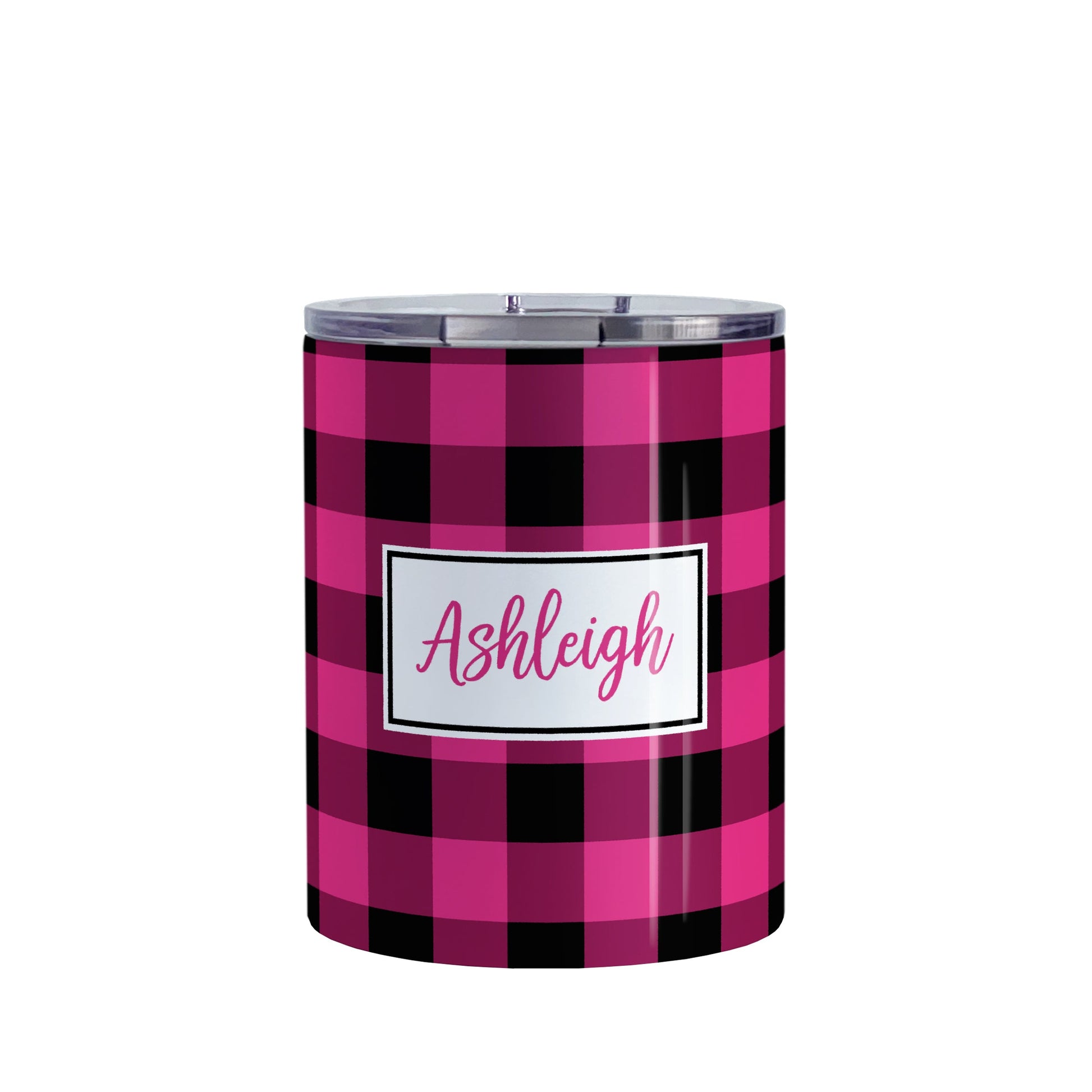 Personalized Pink and Black Buffalo Plaid Tumbler Cup (10oz, stainless steel insulated) at Amy's Coffee Mugs. A tumbler cup designed with a raspberry pink and black buffalo plaid (buffalo check) pattern that wraps around the cup. Your name is printed in a raspberry pink script font in a white frame design over the buffalo plaid background.