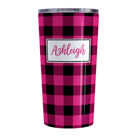 Personalized Pink and Black Buffalo Plaid Tumbler Cup (20oz, stainless steel insulated) at Amy's Coffee Mugs. A tumbler cup designed with a raspberry pink and black buffalo plaid (buffalo check) pattern that wraps around the cup. Your name is printed in a raspberry pink script font in a white frame design over the buffalo plaid background.