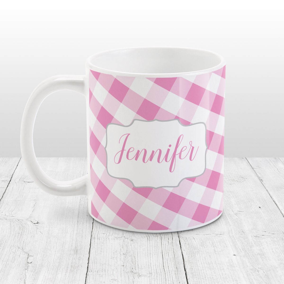 Personalized Pink Gingham Mug at Amy's Coffee Mugs