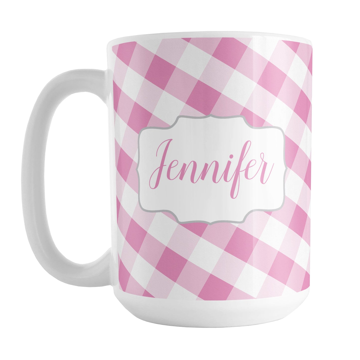 Personalized Pink Gingham Mug (15oz) at Amy's Coffee Mugs. A ceramic coffee mug designed with a slanted pink and white gingham pattern that wraps around the mug up to the handle. Your personalized name is custom-printed in a pink script font on both sides of the mug over the gingham pattern.