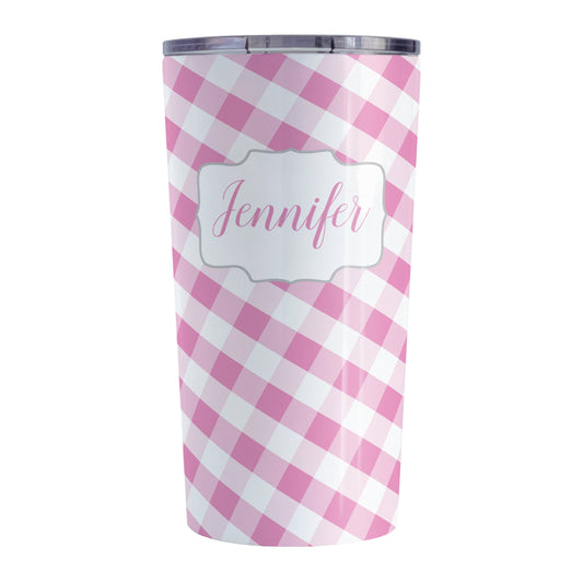 Personalized Pink Gingham Tumbler Cup (20oz, stainless steel insulated) at Amy's Coffee Mugs. A tumbler cup designed with a slanted pink and white gingham pattern that wraps around the cup. Your personalized name is custom-printed in a pink script font in a white frame design over the gingham pattern.
