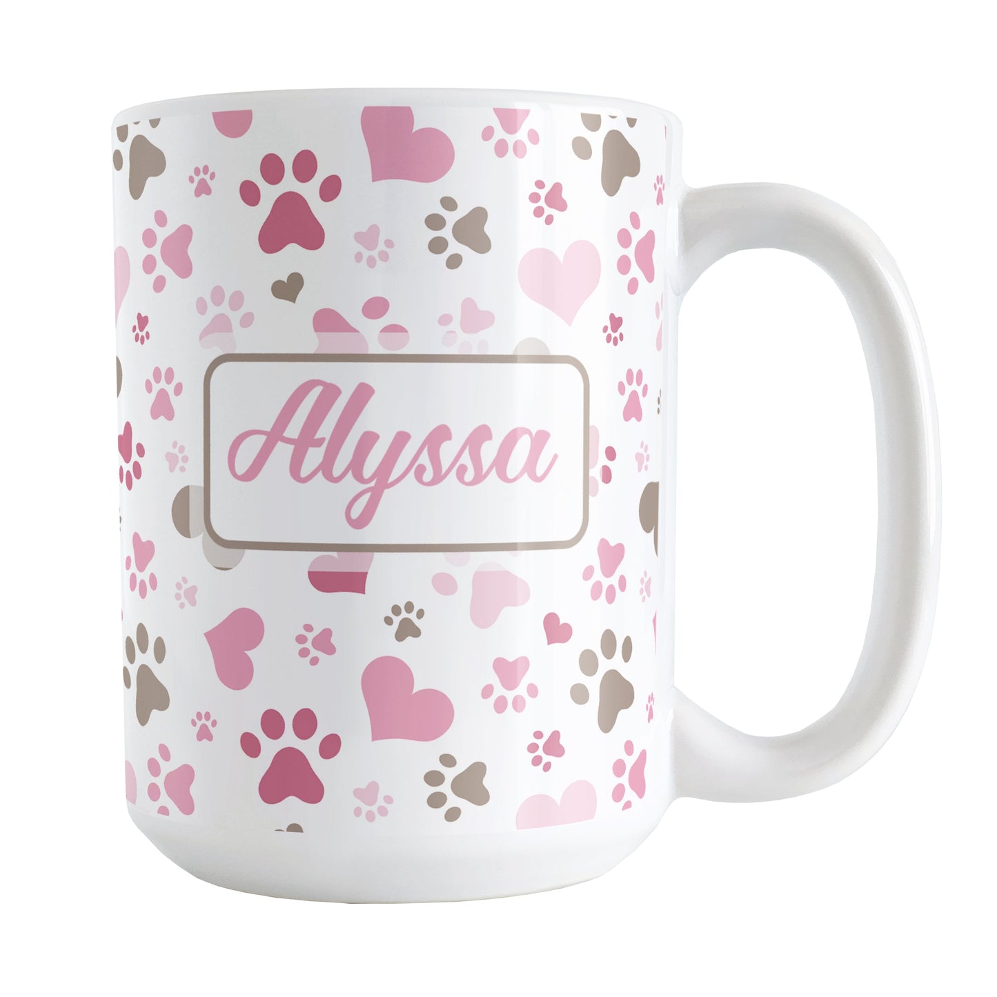 Personalized Pink Hearts and Paw Prints Mug (15oz) at Amy's Coffee Mugs. A ceramic coffee mug designed with a pattern of cute hearts and paw prints in pink and brown that wraps around the mug to the handle. Your name is personalized in pink on both sides of the mug.