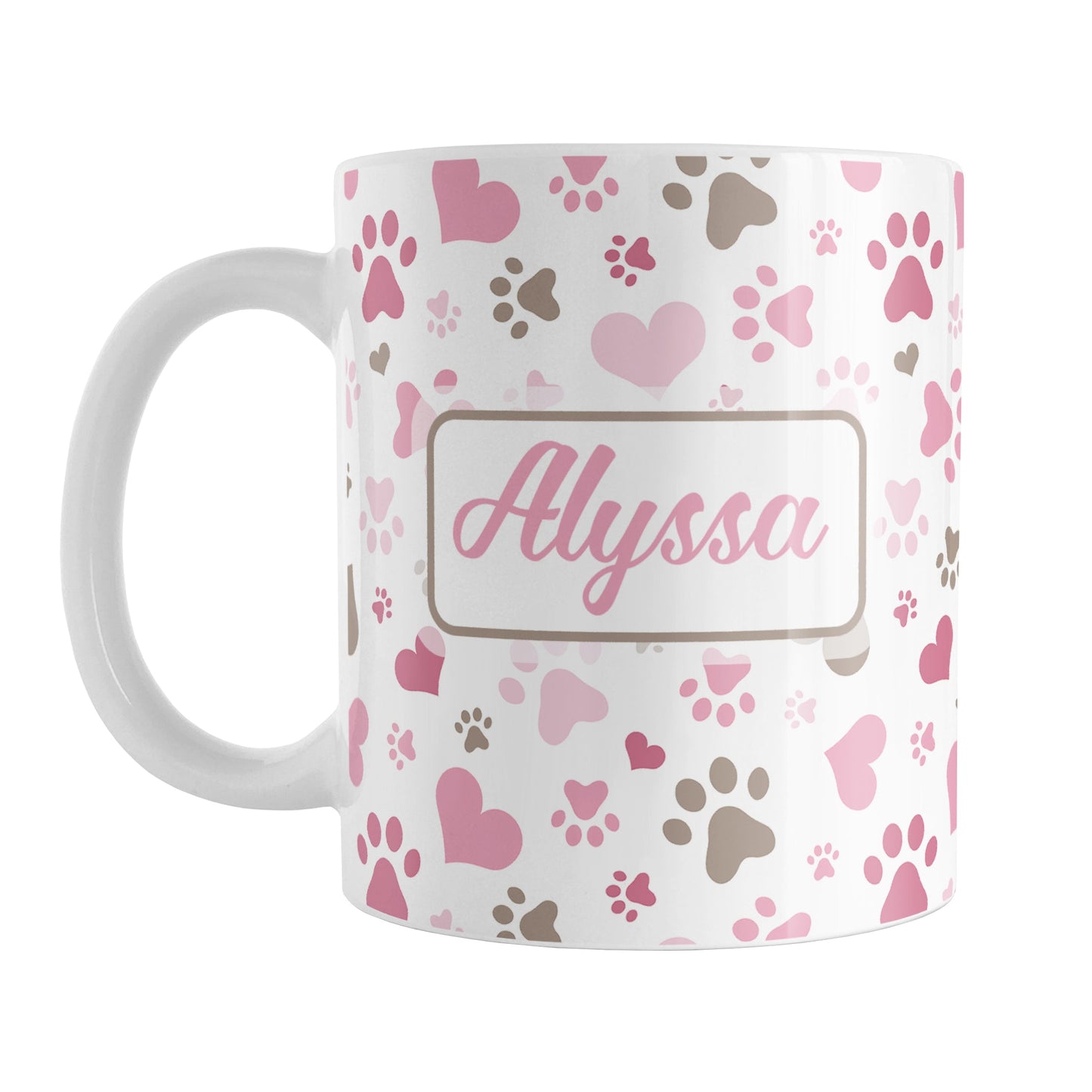 Personalized Pink Hearts and Paw Prints Mug (11oz) at Amy's Coffee Mugs. A ceramic coffee mug designed with a pattern of cute hearts and paw prints in pink and brown that wraps around the mug to the handle. Your name is personalized in pink on both sides of the mug.
