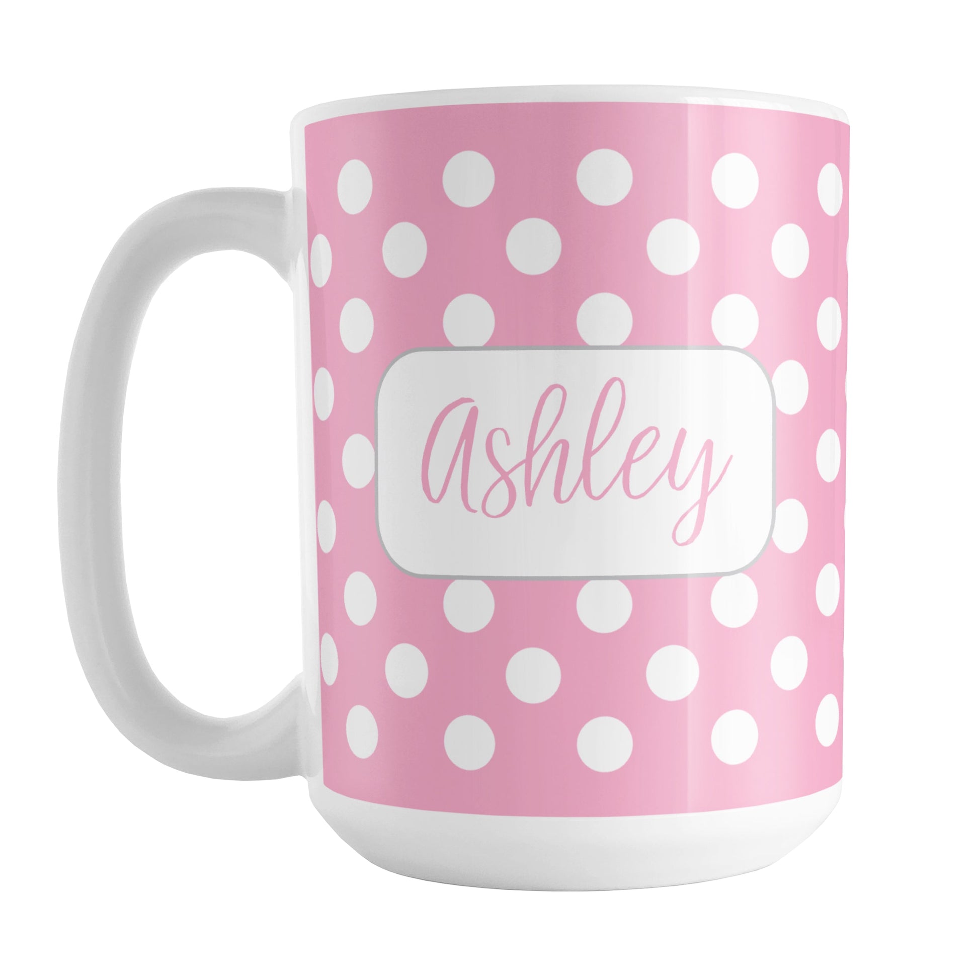 Personalized Pink Polka Dot Mug (15oz) at Amy's Coffee Mugs. A ceramic coffee mug designed with a pattern of white polka dots over a pink background color that wraps around the mug up to the handle. Your name is personalized in a cute pink script font in a white frame design on both sides of the mug over the polka dot pattern.