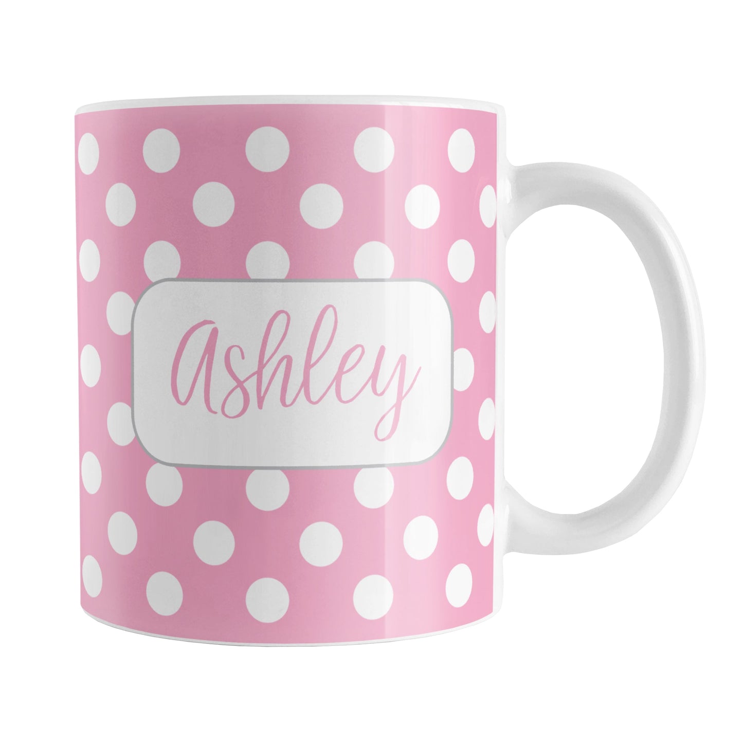 Personalized Pink Polka Dot Mug (11oz) at Amy's Coffee Mugs. A ceramic coffee mug designed with a pattern of white polka dots over a pink background color that wraps around the mug up to the handle. Your name is personalized in a cute pink script font in a white frame design on both sides of the mug over the polka dot pattern.