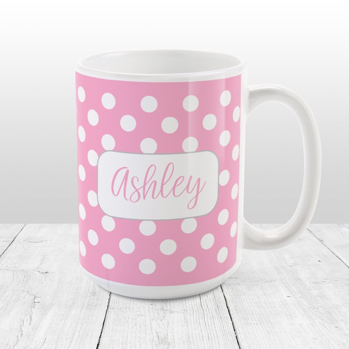 Personalized Pink Polka Dot Mug at Amy's Coffee Mugs