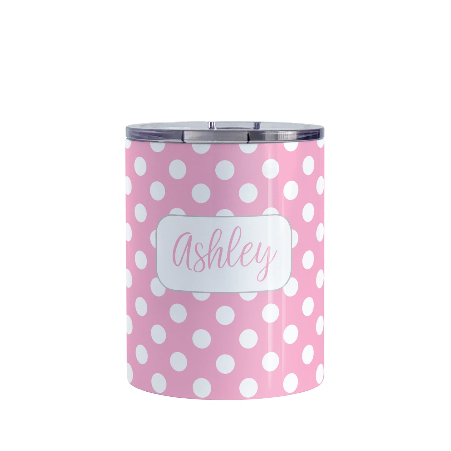 Personalized Pink Polka Dot Tumbler Cup (10oz, stainless steel insulated) at Amy's Coffee Mugs. A tumbler cup designed with a pattern of white polka dots over a pink background color that wraps around the cup. Your name is personalized in a cute pink script font in a white frame design over the polka dot pattern.