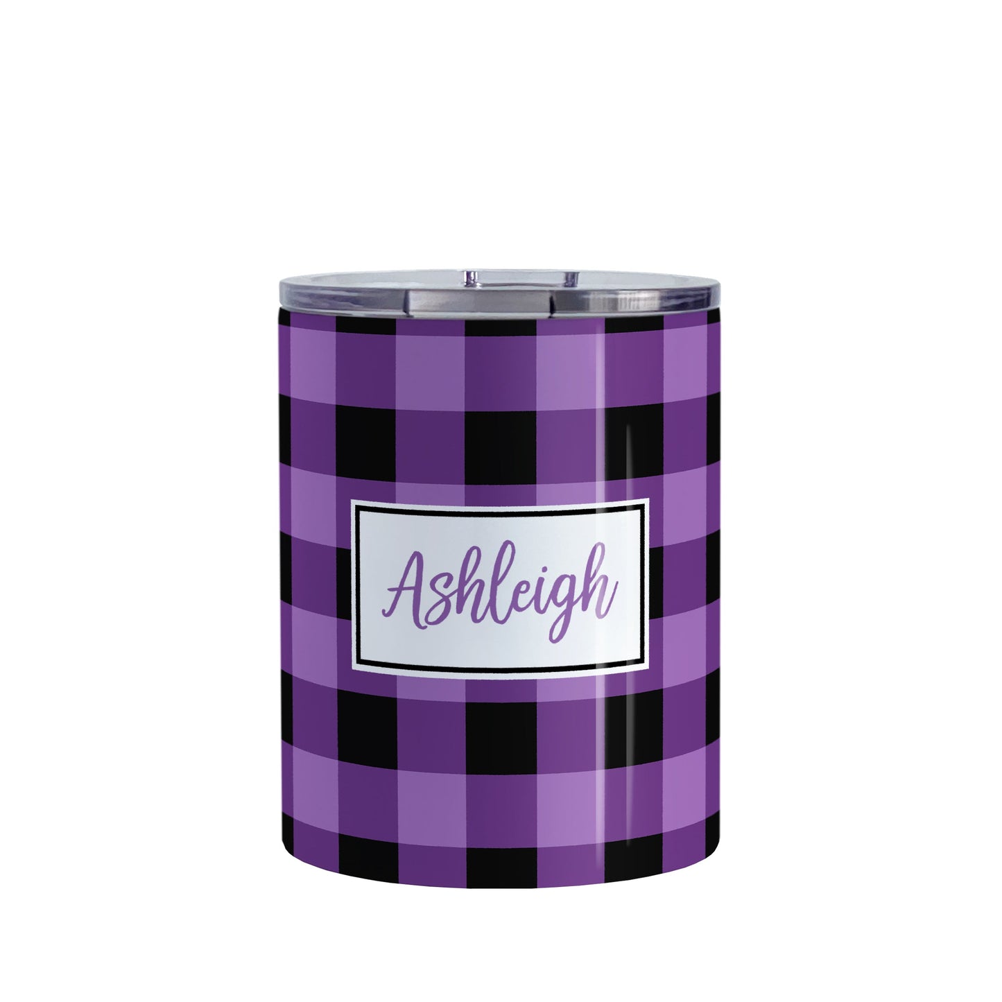 Personalized Purple and Black Buffalo Plaid Tumbler Cup (10oz, stainless steel insulated) at Amy's Coffee Mugs. A tumbler cup designed with a purple and black buffalo plaid (buffalo check) pattern that wraps around the cup. Your name is printed in a purple script font in a white frame design over the buffalo plaid background.