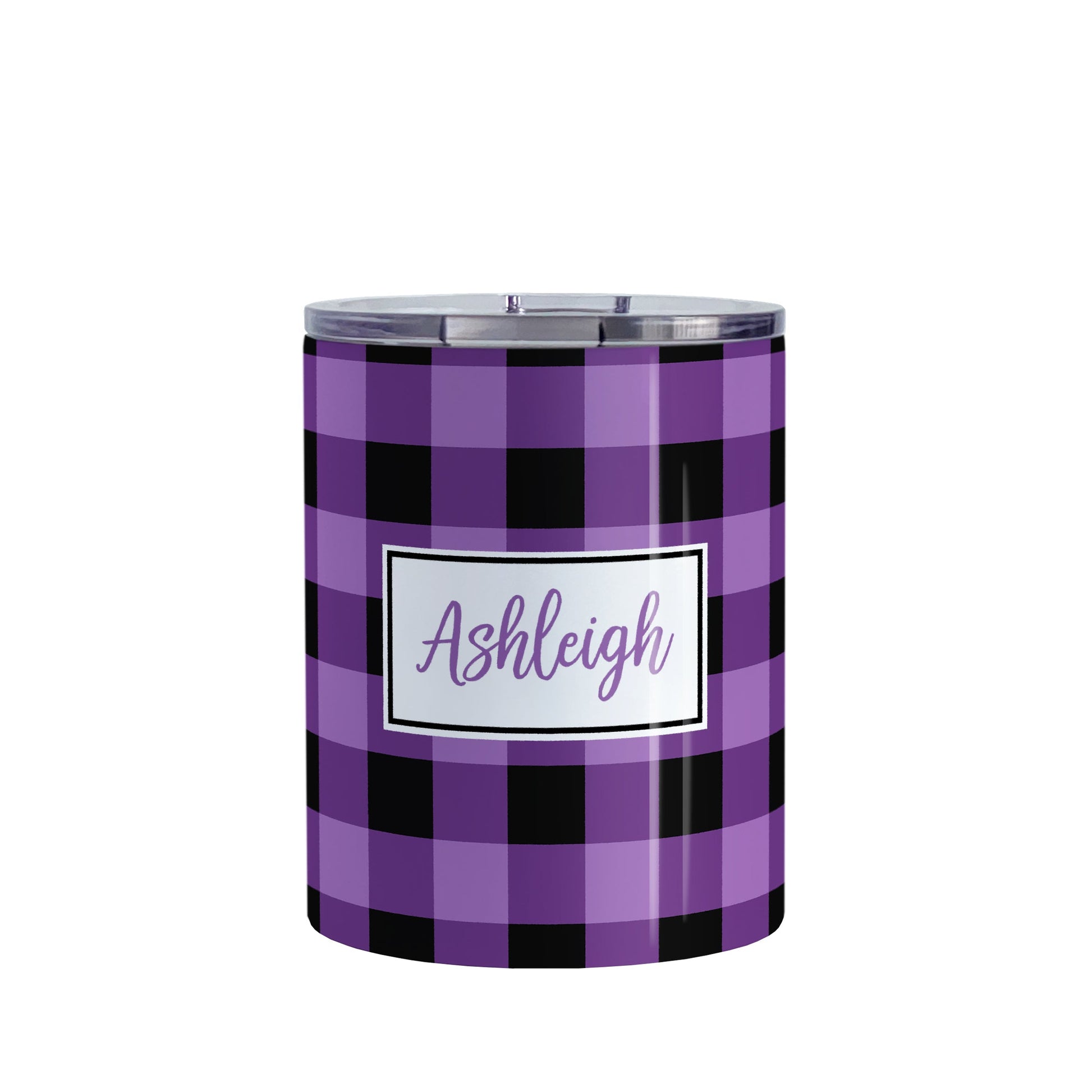 Personalized Purple and Black Buffalo Plaid Tumbler Cup (10oz, stainless steel insulated) at Amy's Coffee Mugs. A tumbler cup designed with a purple and black buffalo plaid (buffalo check) pattern that wraps around the cup. Your name is printed in a purple script font in a white frame design over the buffalo plaid background.