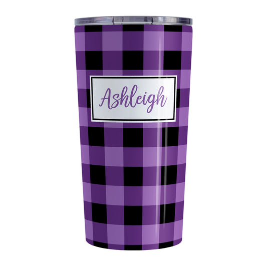 Personalized Purple and Black Buffalo Plaid Tumbler Cup (20oz, stainless steel insulated) at Amy's Coffee Mugs. A tumbler cup designed with a purple and black buffalo plaid (buffalo check) pattern that wraps around the cup. Your name is printed in a purple script font in a white frame design over the buffalo plaid background.
