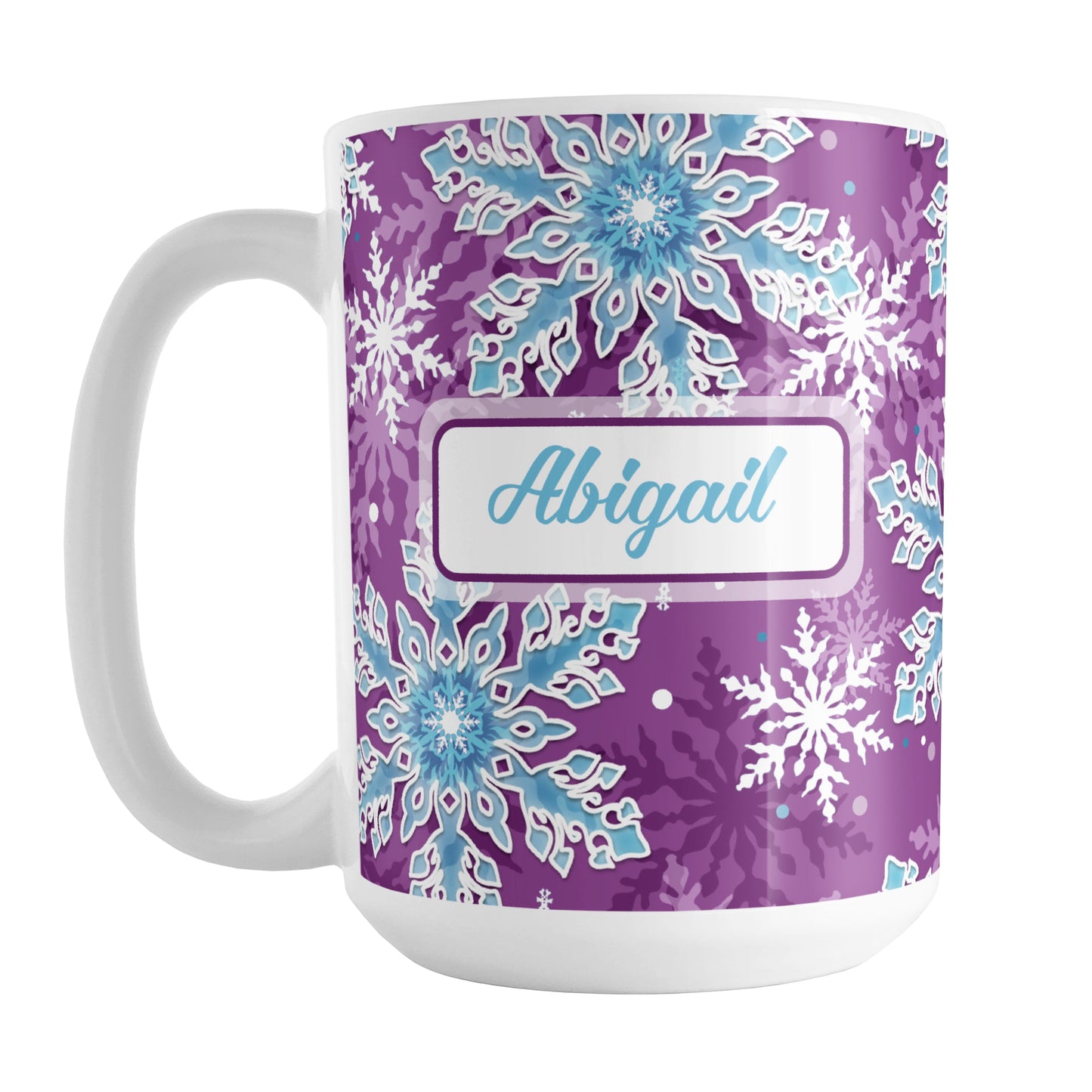 Personalized Purple Blue Snowflake Winter Mug (15oz) at Amy's Coffee Mugs. A ceramic coffee mug designed with a pattern of aqua blue and white snowflakes over a purple background color that wraps around the mug to the handle. Your name is custom printed in an aqua blue script font on both sides of this winter themed mug.