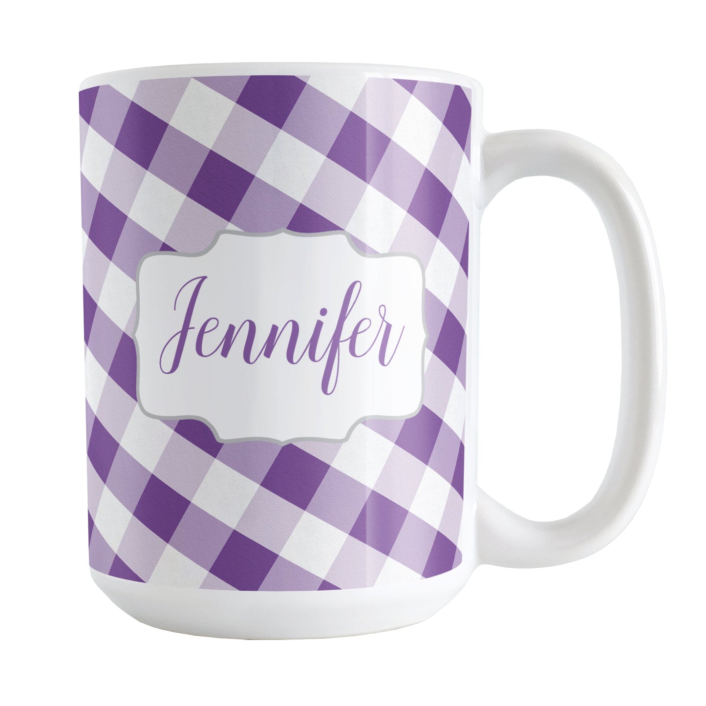 Personalized Purple Gingham Mug (15oz) at Amy's Coffee Mugs. A ceramic coffee mug designed with a slanted purple and white gingham pattern that wraps around the mug up to the handle. Your personalized name is custom-printed in a purple script font on both sides of the mug over the gingham pattern.