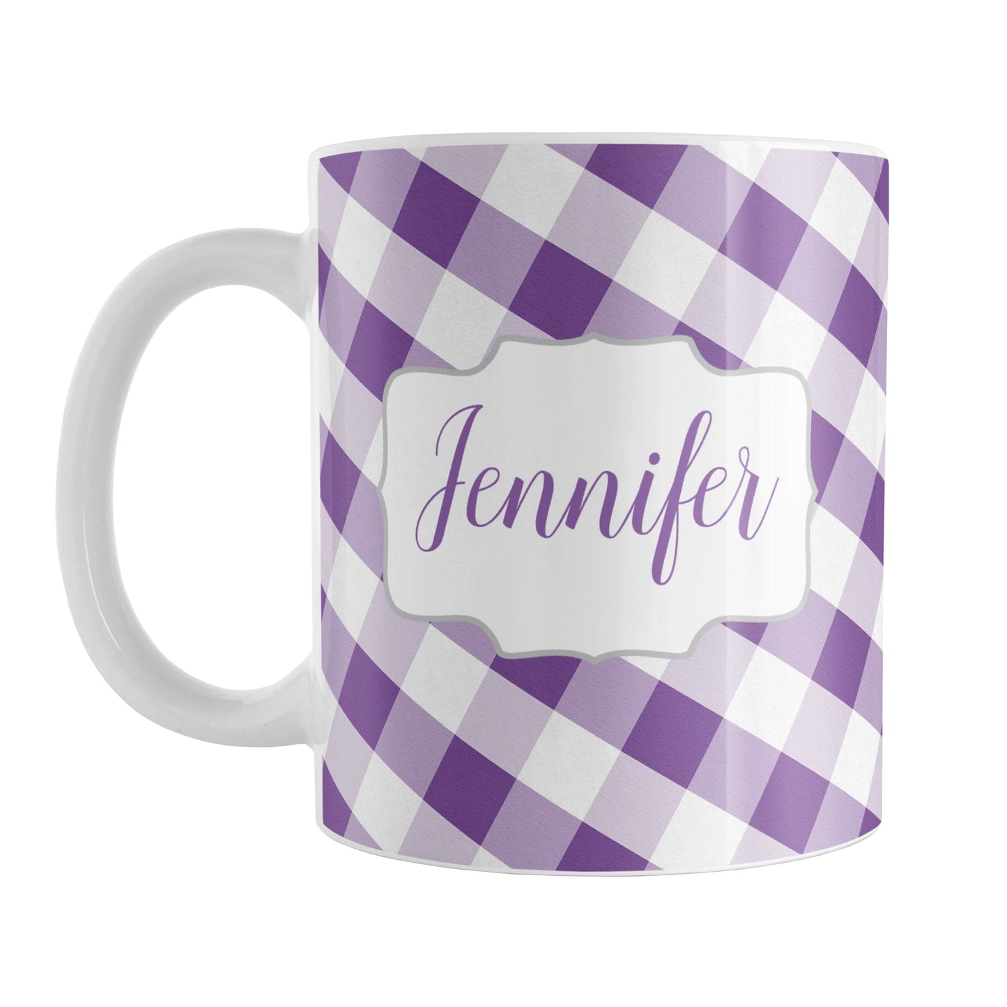 Personalized Purple Gingham Mug (11oz) at Amy's Coffee Mugs. A ceramic coffee mug designed with a slanted purple and white gingham pattern that wraps around the mug up to the handle. Your personalized name is custom-printed in a purple script font on both sides of the mug over the gingham pattern.