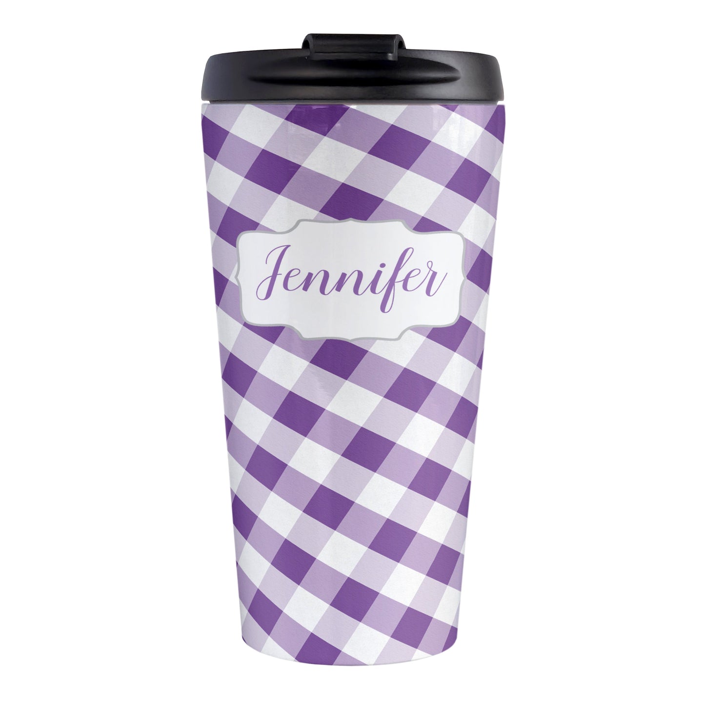 Personalized Purple Gingham Travel Mug (15oz, stainless steel insulated) at Amy's Coffee Mugs. A travel mug designed with a slanted purple and white gingham pattern that wraps around the travel mug. Your personalized name is custom-printed in a purple script font in a white frame design over the gingham pattern.
