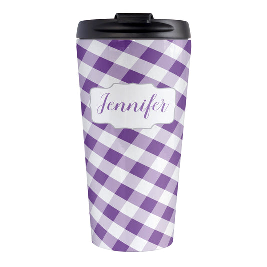Personalized Purple Gingham Travel Mug (15oz, stainless steel insulated) at Amy's Coffee Mugs. A travel mug designed with a slanted purple and white gingham pattern that wraps around the travel mug. Your personalized name is custom-printed in a purple script font in a white frame design over the gingham pattern.