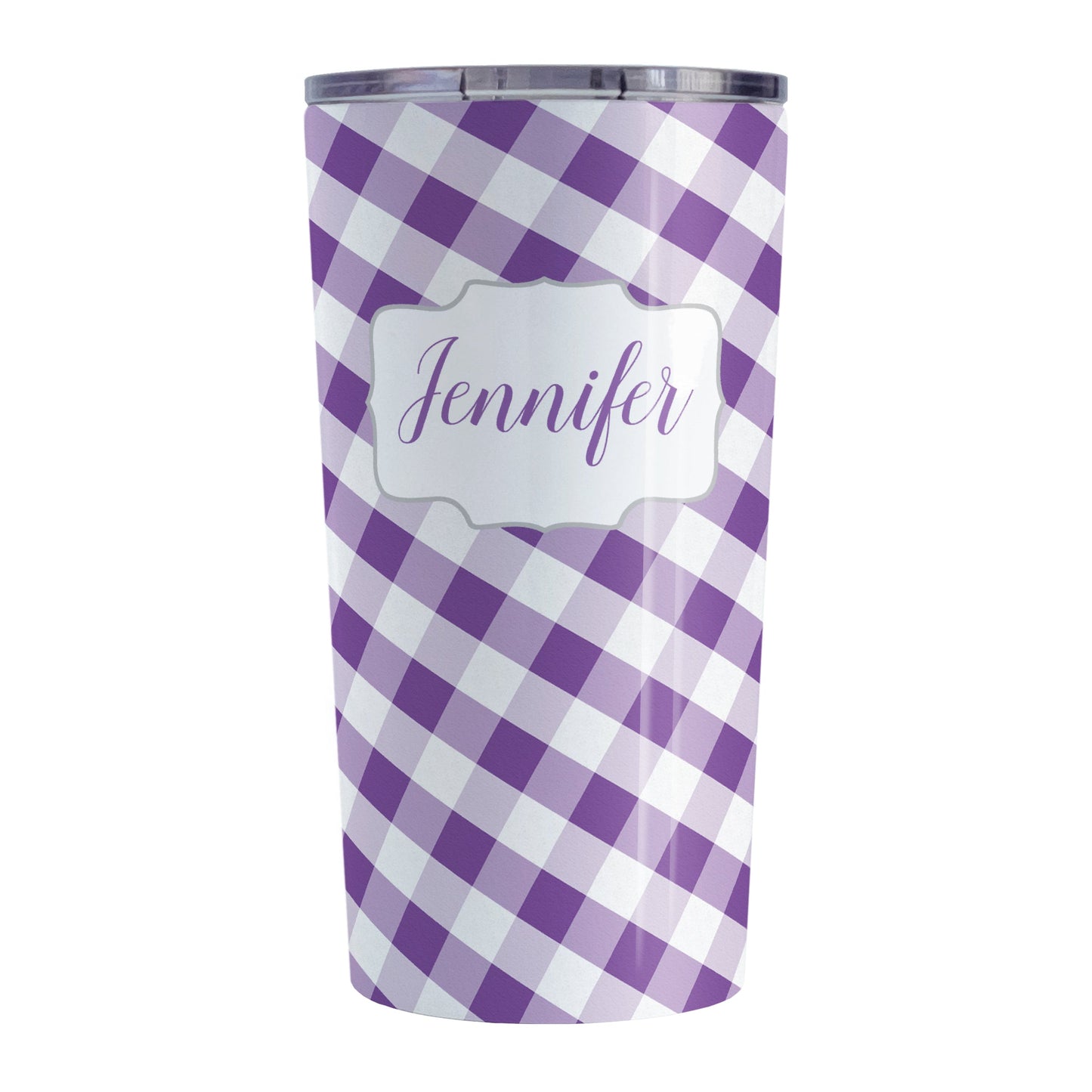 Personalized Purple Gingham Tumbler Cup (20oz, stainless steel insulated) at Amy's Coffee Mugs. A tumbler cup designed with a slanted purple and white gingham pattern that wraps around the cup. Your personalized name is custom-printed in a purple script font in a white frame design over the gingham pattern.