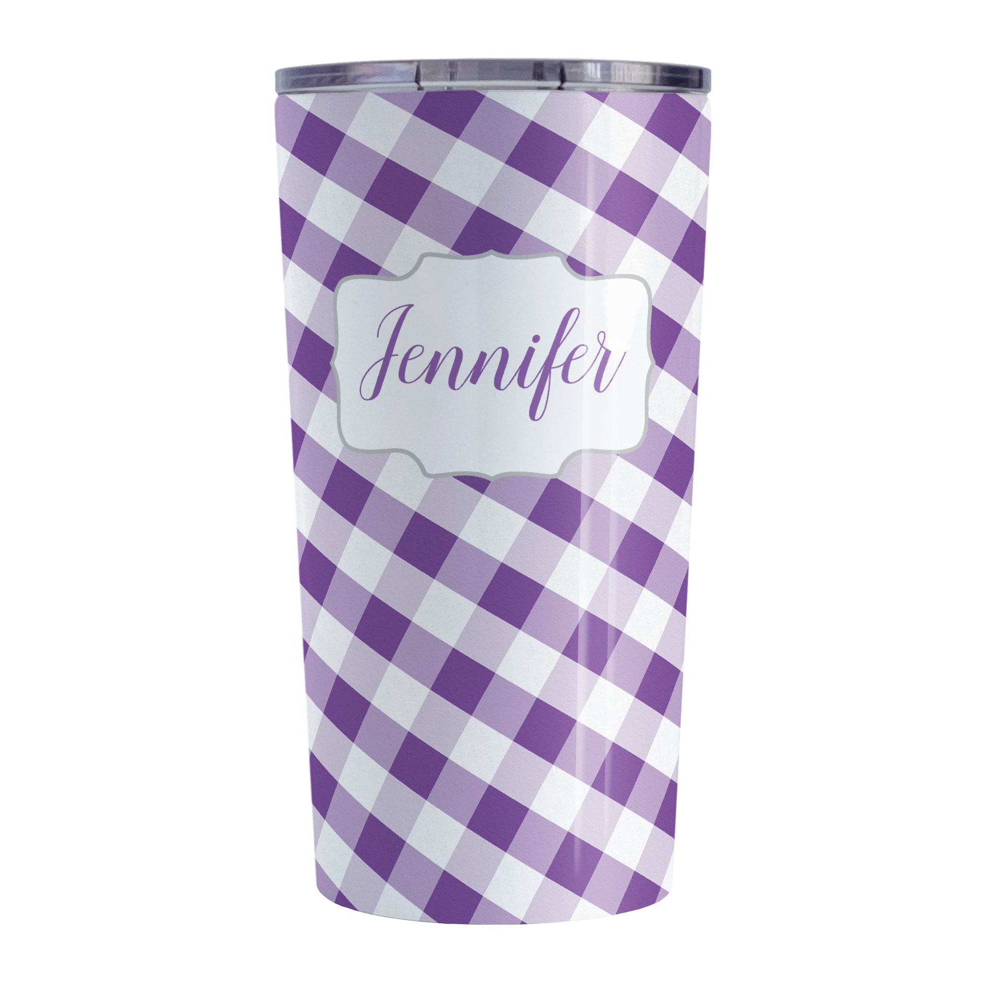 Personalized Purple Gingham Tumbler Cup (20oz, stainless steel insulated) at Amy's Coffee Mugs. A tumbler cup designed with a slanted purple and white gingham pattern that wraps around the cup. Your personalized name is custom-printed in a purple script font in a white frame design over the gingham pattern.