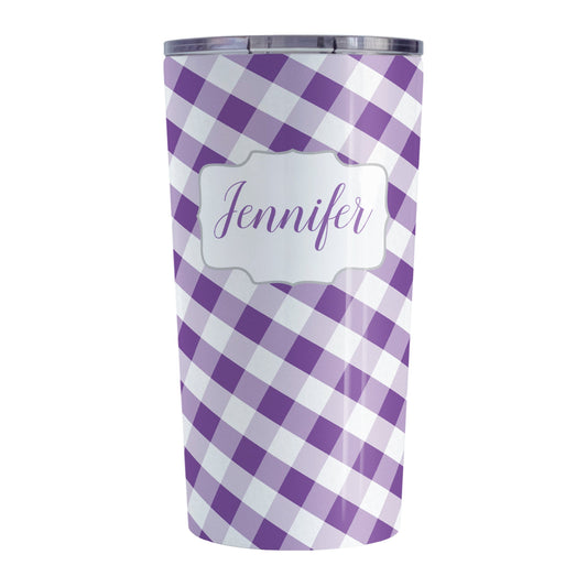 Personalized Purple Gingham Tumbler Cup (20oz, stainless steel insulated) at Amy's Coffee Mugs. A tumbler cup designed with a slanted purple and white gingham pattern that wraps around the cup. Your personalized name is custom-printed in a purple script font in a white frame design over the gingham pattern.