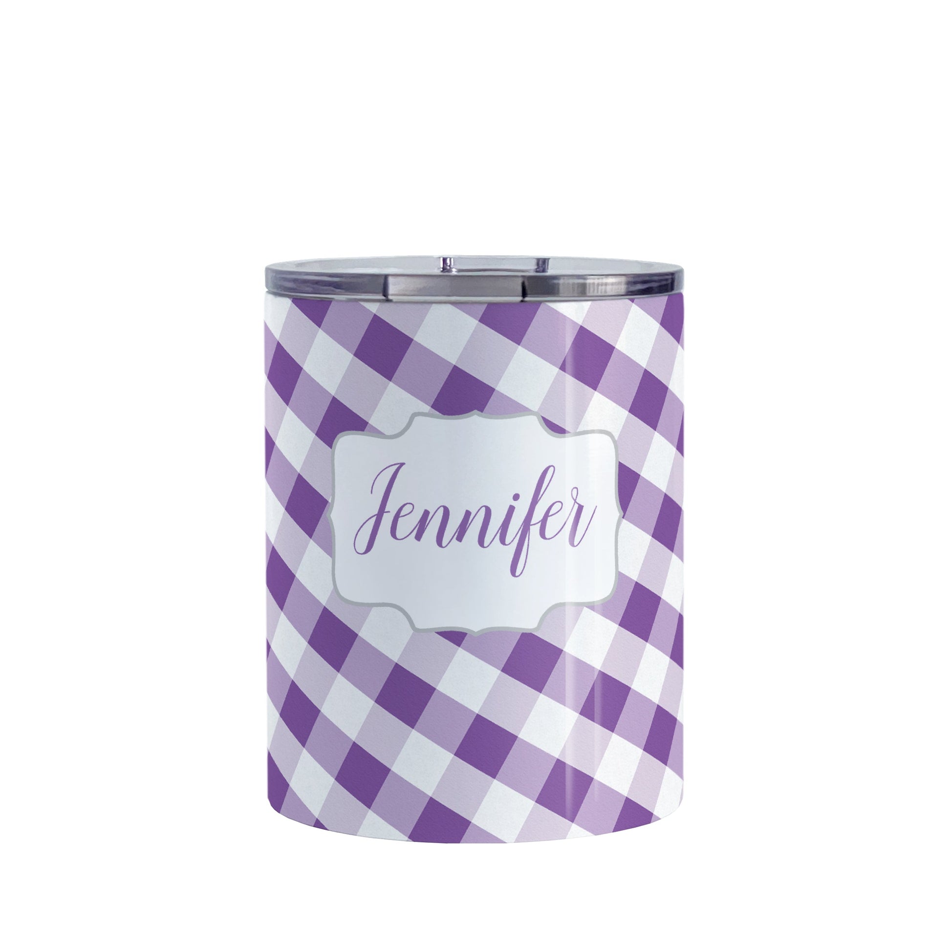 Personalized Purple Gingham Tumbler Cup (10oz, stainless steel insulated) at Amy's Coffee Mugs. A tumbler cup designed with a slanted purple and white gingham pattern that wraps around the cup. Your personalized name is custom-printed in a purple script font in a white frame design over the gingham pattern.
