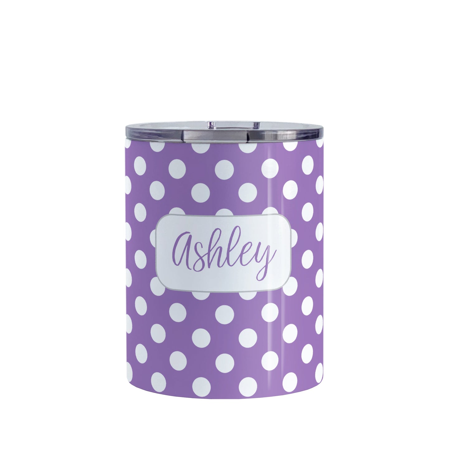 Personalized Purple Polka Dot Tumbler Cup (10oz, stainless steel insulated) at Amy's Coffee Mugs. A tumbler cup designed with a pattern of white polka dots over a purple background color that wraps around the cup. Your name is personalized in a cute purple script font in a white frame design over the polka dot pattern.