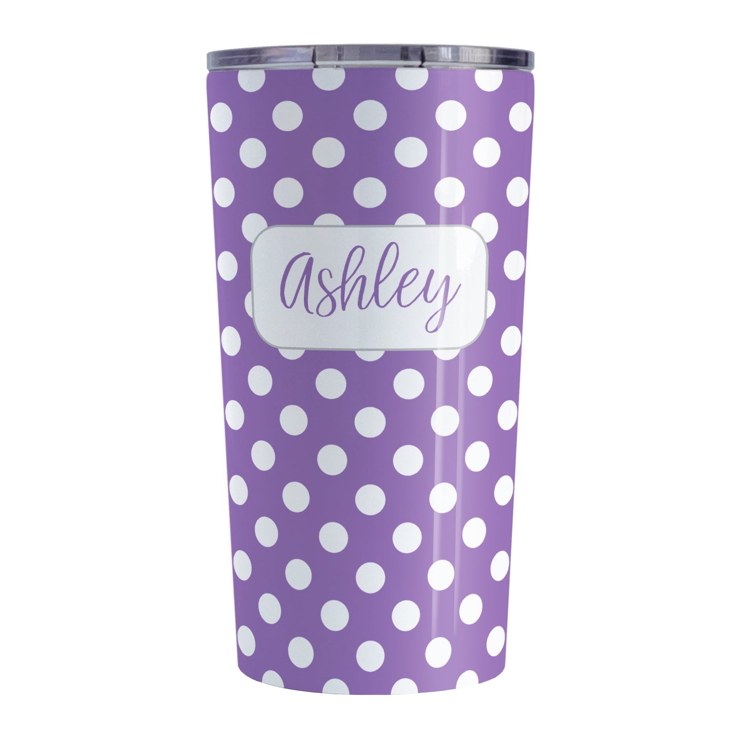Personalized Purple Polka Dot Tumbler Cup (20oz, stainless steel insulated) at Amy's Coffee Mugs. A tumbler cup designed with a pattern of white polka dots over a purple background color that wraps around the cup. Your name is personalized in a cute purple script font in a white frame design over the polka dot pattern.