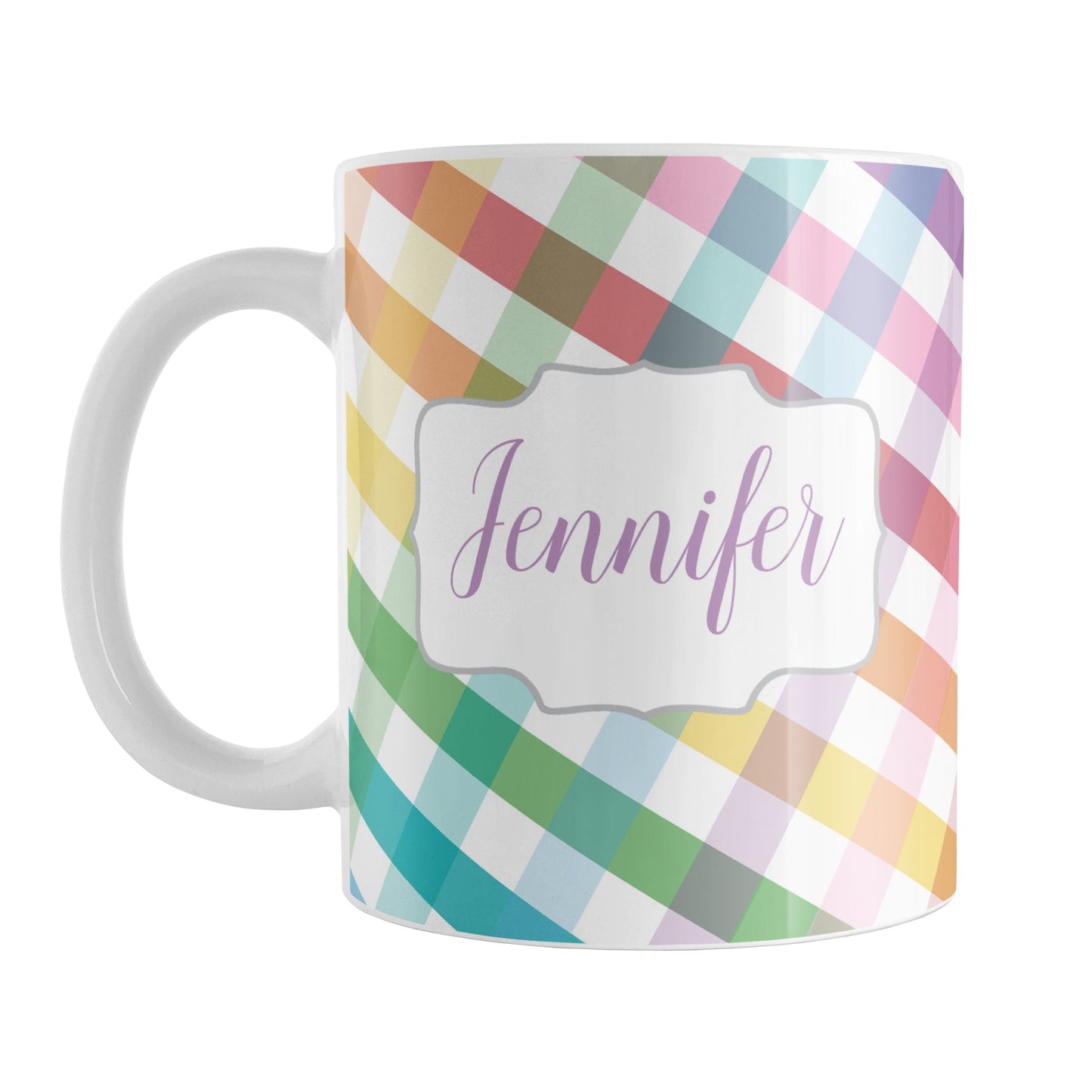 Personalized Rainbow Gingham Mug (11oz) at Amy's Coffee Mugs. A ceramic coffee mug designed with a slanted gingham pattern with a colorful rainbow progression that wraps around the mug up to the handle. Your personalized name is printed in a pretty purple script font in a white frame design on both sides of the mug over the rainbow gingham pattern.