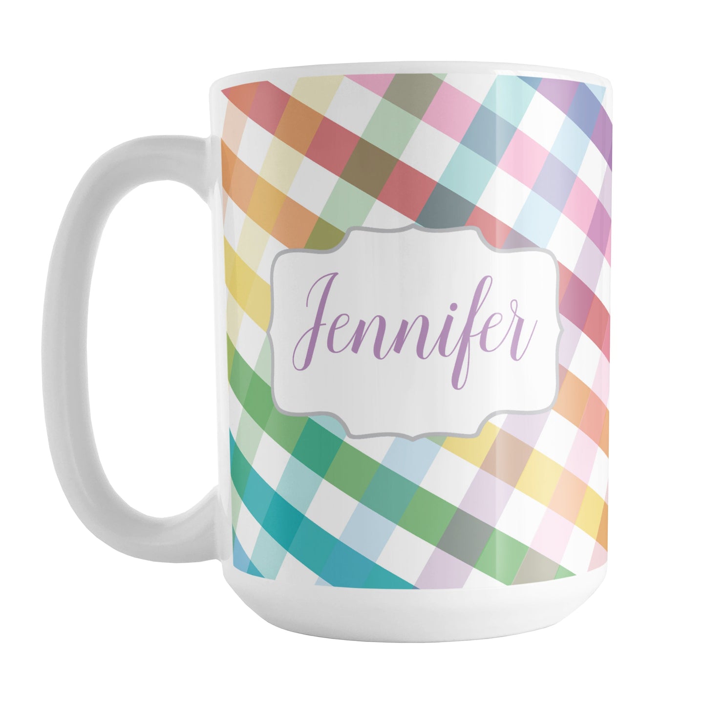 Personalized Rainbow Gingham Mug (15oz) at Amy's Coffee Mugs. A ceramic coffee mug designed with a slanted gingham pattern with a colorful rainbow progression that wraps around the mug up to the handle. Your personalized name is printed in a pretty purple script font in a white frame design on both sides of the mug over the rainbow gingham pattern.