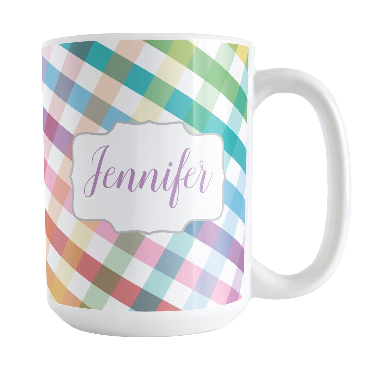 Personalized Rainbow Gingham Mug (15oz) at Amy's Coffee Mugs. A ceramic coffee mug designed with a slanted gingham pattern with a colorful rainbow progression that wraps around the mug up to the handle. Your personalized name is printed in a pretty purple script font in a white frame design on both sides of the mug over the rainbow gingham pattern.
