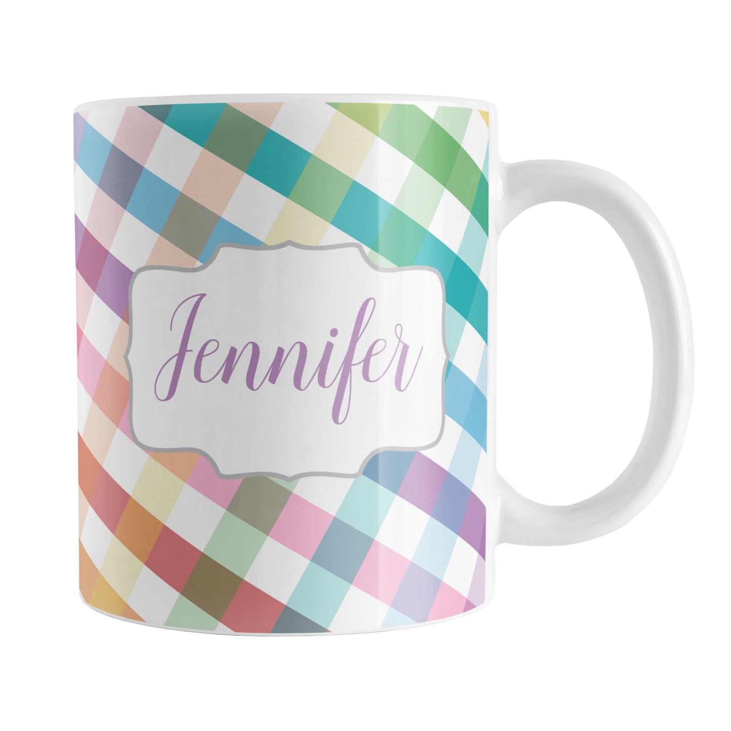 Personalized Rainbow Gingham Mug (11oz) at Amy's Coffee Mugs. A ceramic coffee mug designed with a slanted gingham pattern with a colorful rainbow progression that wraps around the mug up to the handle. Your personalized name is printed in a pretty purple script font in a white frame design on both sides of the mug over the rainbow gingham pattern.