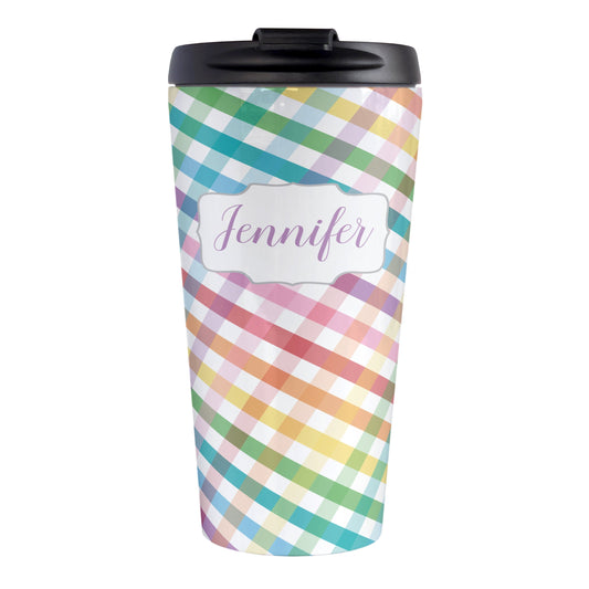 Personalized Rainbow Gingham Travel Mug (15oz, stainless steel insulated) at Amy's Coffee Mugs. A travel mug designed with a slanted gingham pattern with a colorful rainbow progression that wraps around the travel mug. Your personalized name is printed in a pretty purple script font in a white frame design over the rainbow gingham pattern.