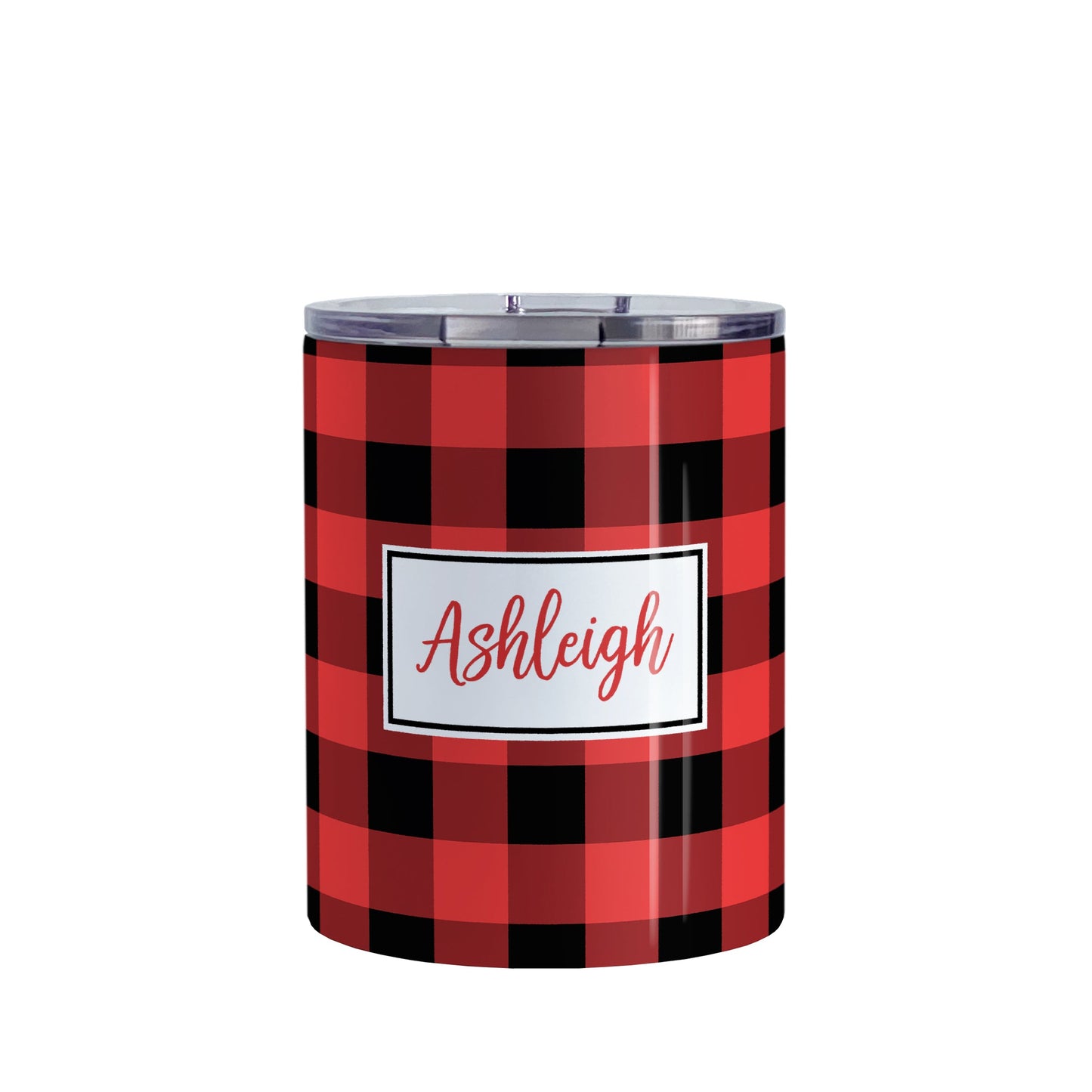 Personalized Red and Black Buffalo Plaid Tumbler Cup (10oz, stainless steel insulated) at Amy's Coffee Mugs. A tumbler cup designed with a red and black buffalo plaid (buffalo check) pattern that wraps around the cup. Your name is printed in a red script font in a white frame design over the buffalo plaid background.