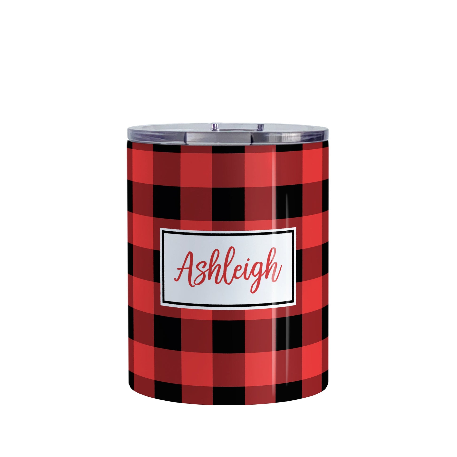 Personalized Red and Black Buffalo Plaid Tumbler Cup (10oz, stainless steel insulated) at Amy's Coffee Mugs. A tumbler cup designed with a red and black buffalo plaid (buffalo check) pattern that wraps around the cup. Your name is printed in a red script font in a white frame design over the buffalo plaid background.
