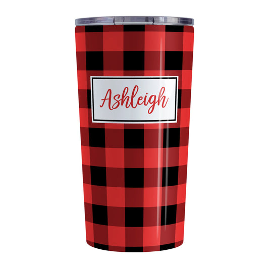 Personalized Red and Black Buffalo Plaid Tumbler Cup (20oz, stainless steel insulated) at Amy's Coffee Mugs. A tumbler cup designed with a red and black buffalo plaid (buffalo check) pattern that wraps around the cup. Your name is printed in a red script font in a white frame design over the buffalo plaid background.