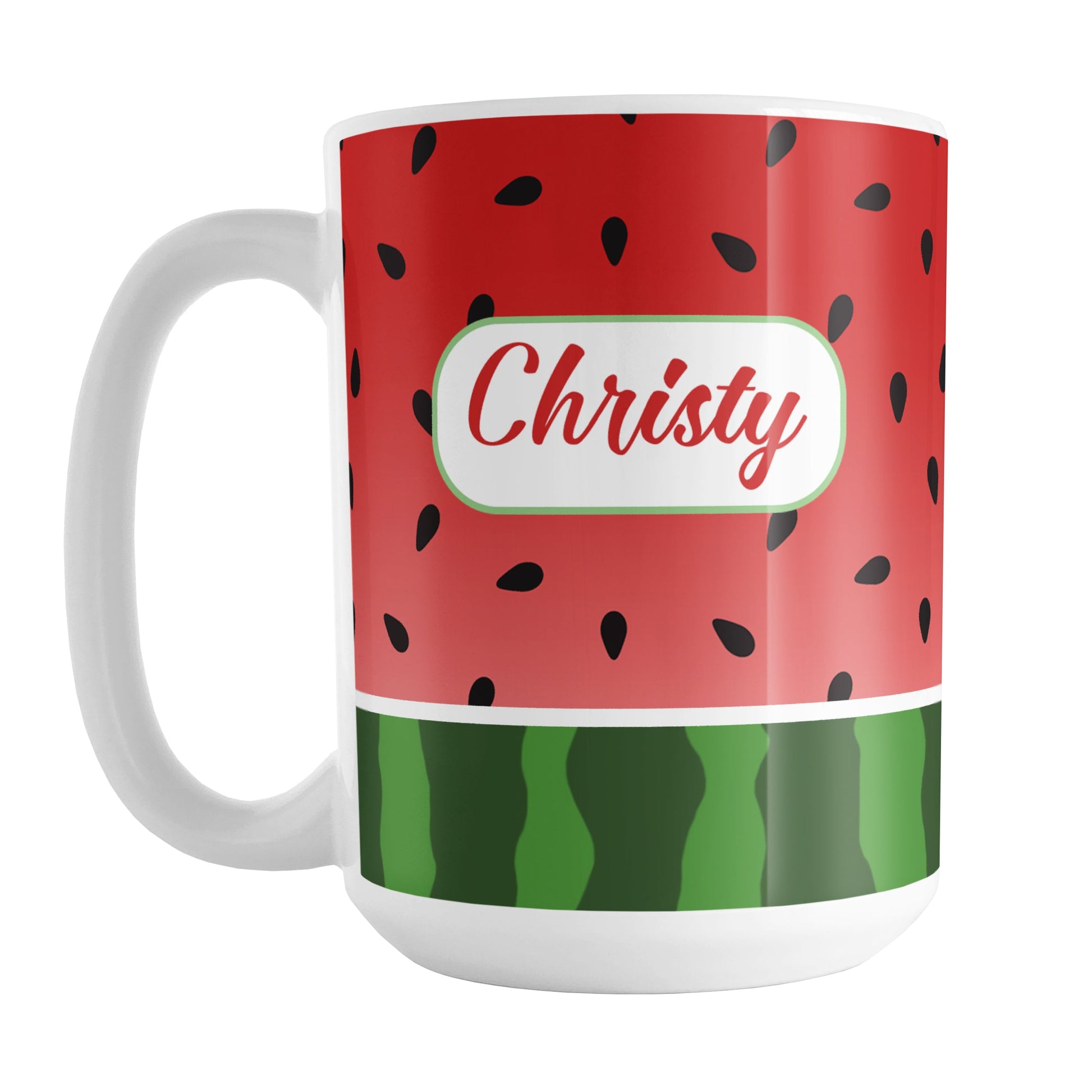 Personalized Red and Green Watermelon Mug (15oz) at Amy's Coffee Mugs. A ceramic coffee mug designed with a watermelon black seed pattern complemented by a green stripe watermelon pattern along the bottom. This fruity design wraps around the mug up to the handle. Your personalized name is custom printed in a red script font inside a white rectangular design on both sides of the mug.
