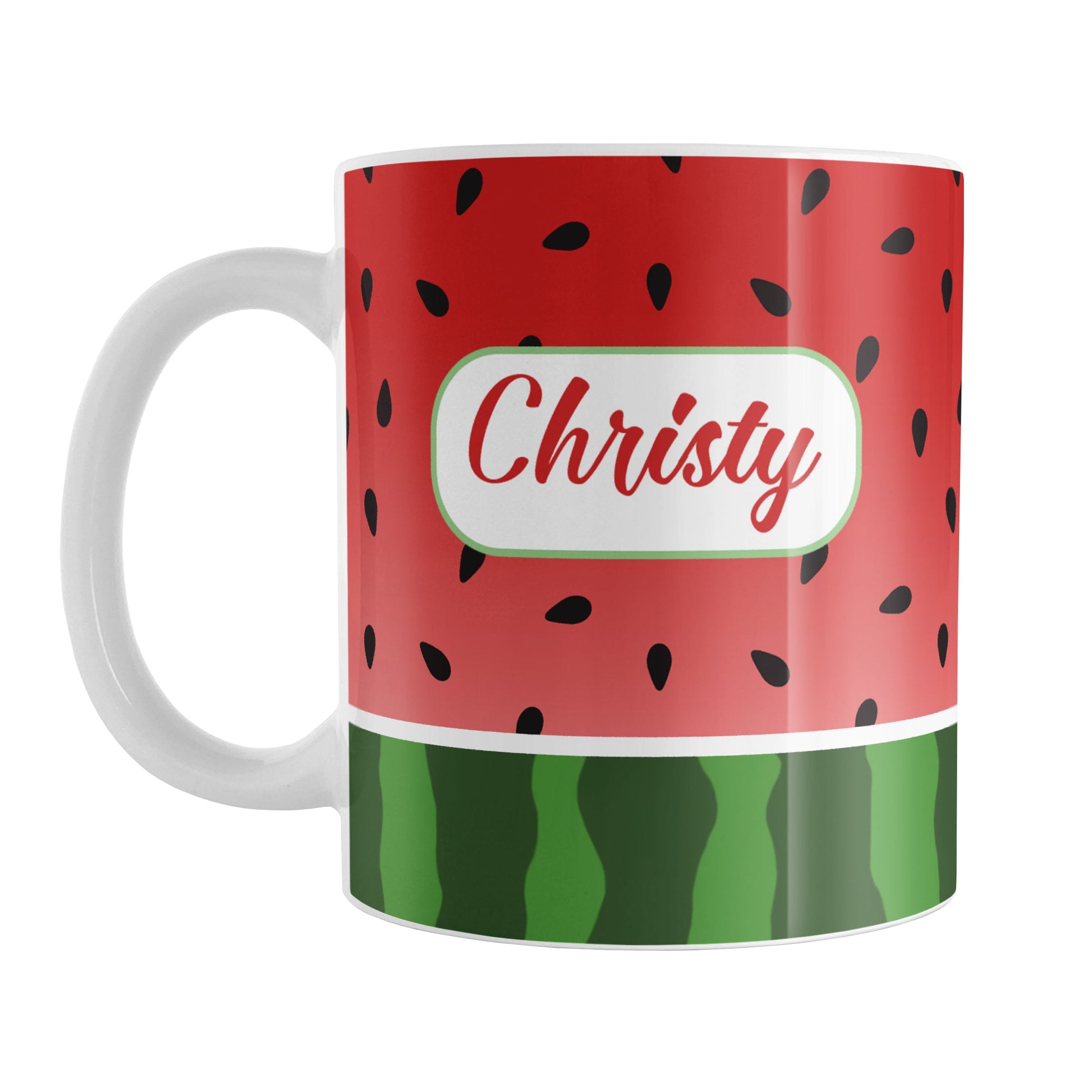 Personalized Red and Green Watermelon Mug (11oz) at Amy's Coffee Mugs. A ceramic coffee mug designed with a watermelon black seed pattern complemented by a green stripe watermelon pattern along the bottom. This fruity design wraps around the mug up to the handle. Your personalized name is custom printed in a red script font inside a white rectangular design on both sides of the mug.