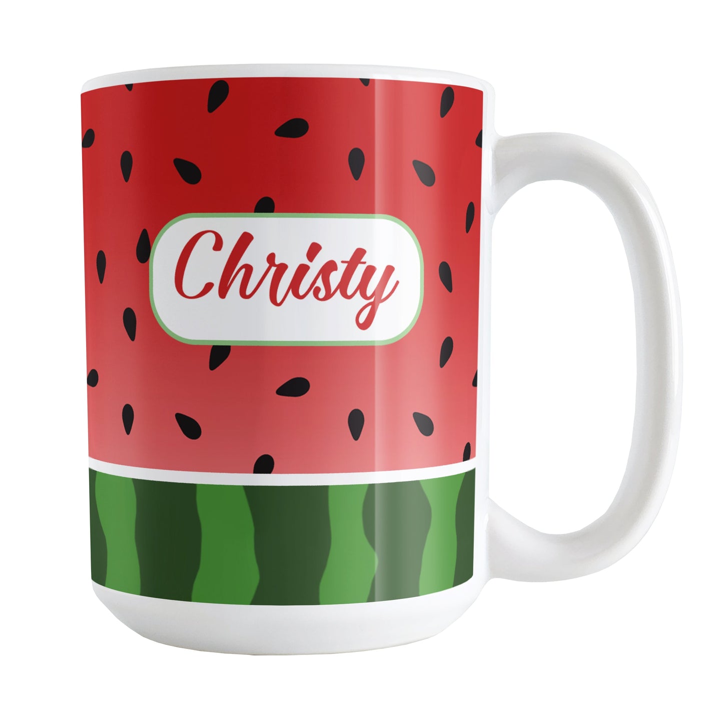 Personalized Red and Green Watermelon Mug (15oz) at Amy's Coffee Mugs. A ceramic coffee mug designed with a watermelon black seed pattern complemented by a green stripe watermelon pattern along the bottom. This fruity design wraps around the mug up to the handle. Your personalized name is custom printed in a red script font inside a white rectangular design on both sides of the mug.