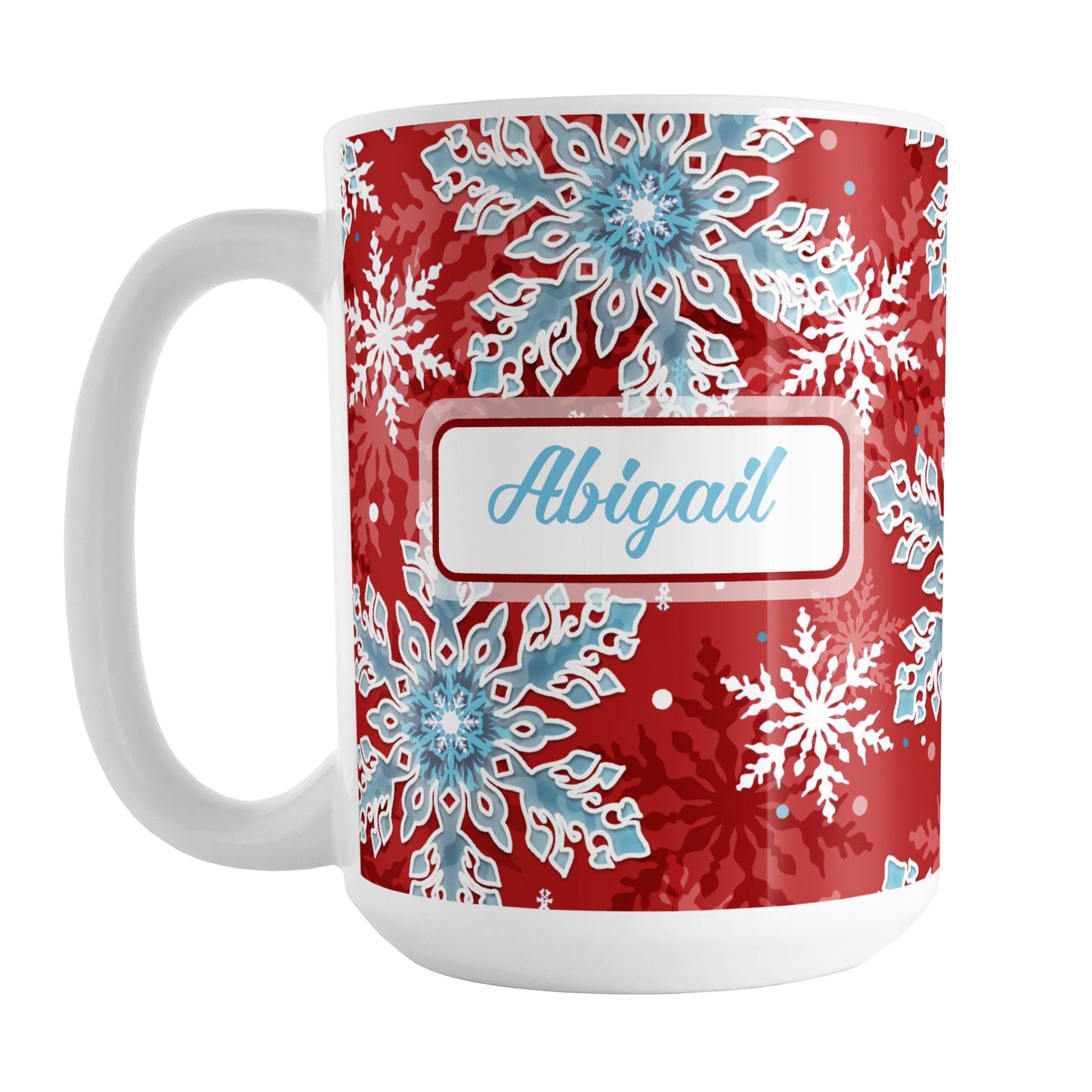 Personalized Red Blue Snowflake Winter Mug (15oz) at Amy's Coffee Mugs. A ceramic coffee mug designed with a pattern of aqua blue and white snowflakes over a red background color that wraps around the mug to the handle. Your name is custom printed in an aqua blue script font on both sides of the mug.