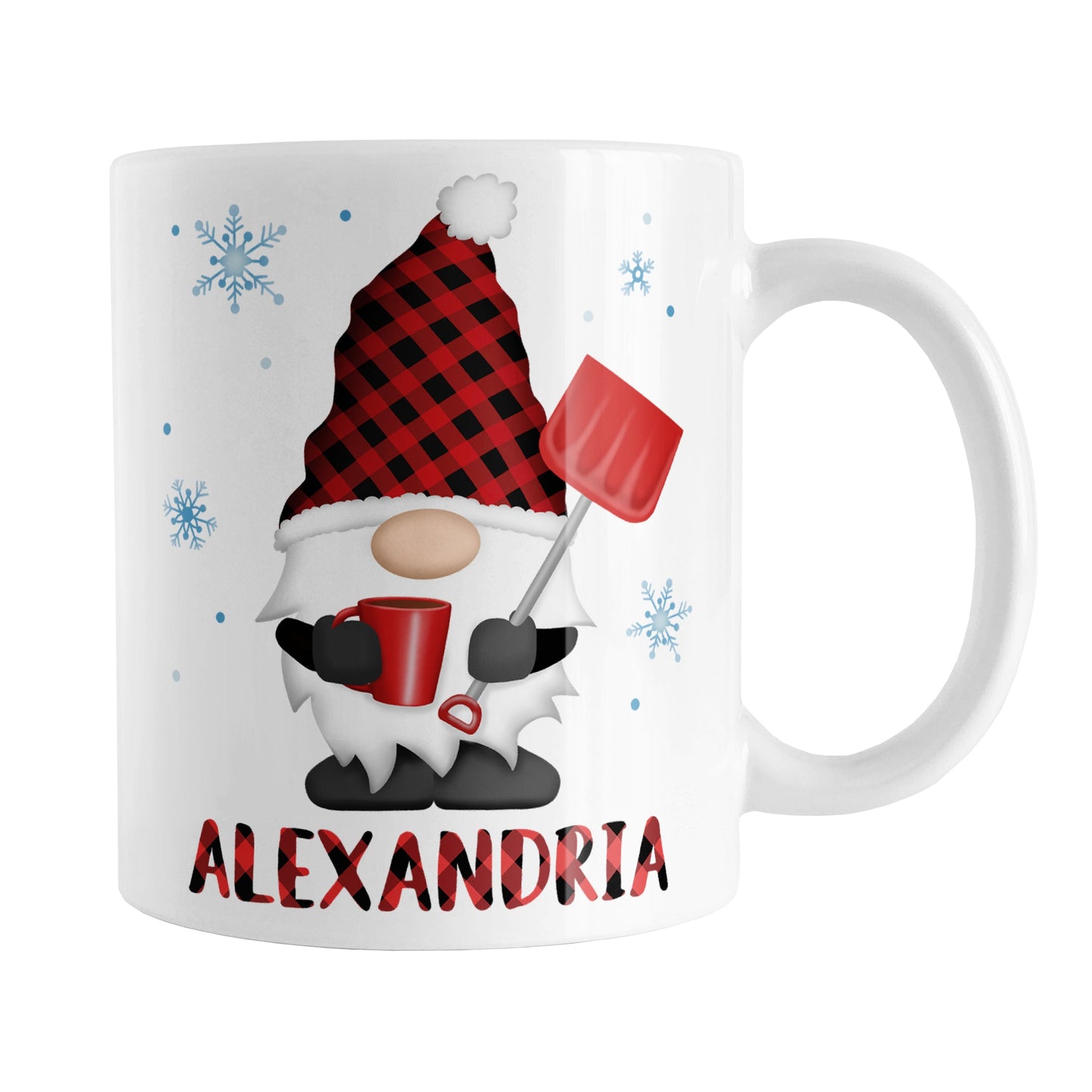 Personalized Red Buffalo Plaid Gnome Mug (11oz) at Amy's Coffee Mugs. A ceramic coffee mug designed with a gnome with a red and black buffalo plaid pattern hat and holding a hot beverage and snow shovel with snowflakes around it. This cute buffalo plaid gnome illustration, along with your name personalized in buffalo plaid below the gnome, is on both sides of the mug.
