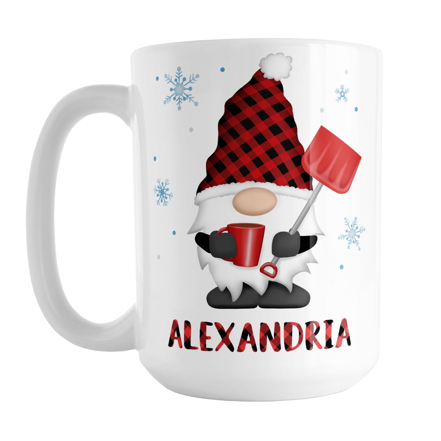 Personalized Red Buffalo Plaid Gnome Mug (15oz) at Amy's Coffee Mugs. A ceramic coffee mug designed with a gnome with a red and black buffalo plaid pattern hat and holding a hot beverage and snow shovel with snowflakes around it. This cute buffalo plaid gnome illustration, along with your name personalized in buffalo plaid below the gnome, is on both sides of the mug.