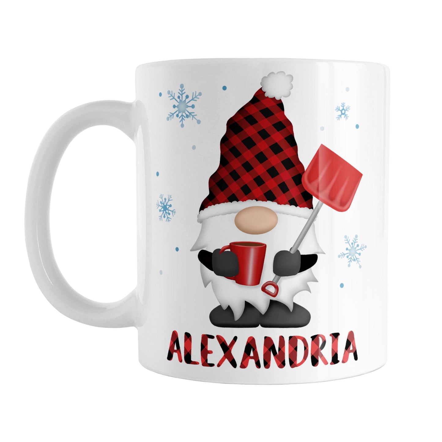 Personalized Red Buffalo Plaid Gnome Mug (11oz) at Amy's Coffee Mugs. A ceramic coffee mug designed with a gnome with a red and black buffalo plaid pattern hat and holding a hot beverage and snow shovel with snowflakes around it. This cute buffalo plaid gnome illustration, along with your name personalized in buffalo plaid below the gnome, is on both sides of the mug.