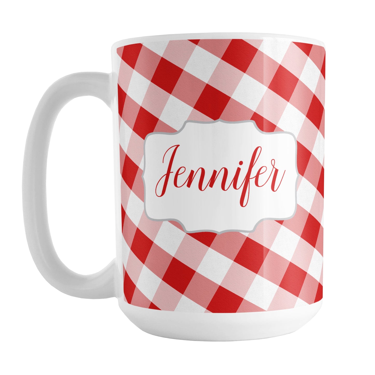 Personalized Red Gingham Mug (15oz) at Amy's Coffee Mugs. A ceramic coffee mug designed with a slanted red and white gingham pattern that wraps around the mug up to the handle. Your personalized name is custom-printed in a red script font on both sides of the mug over the gingham pattern.