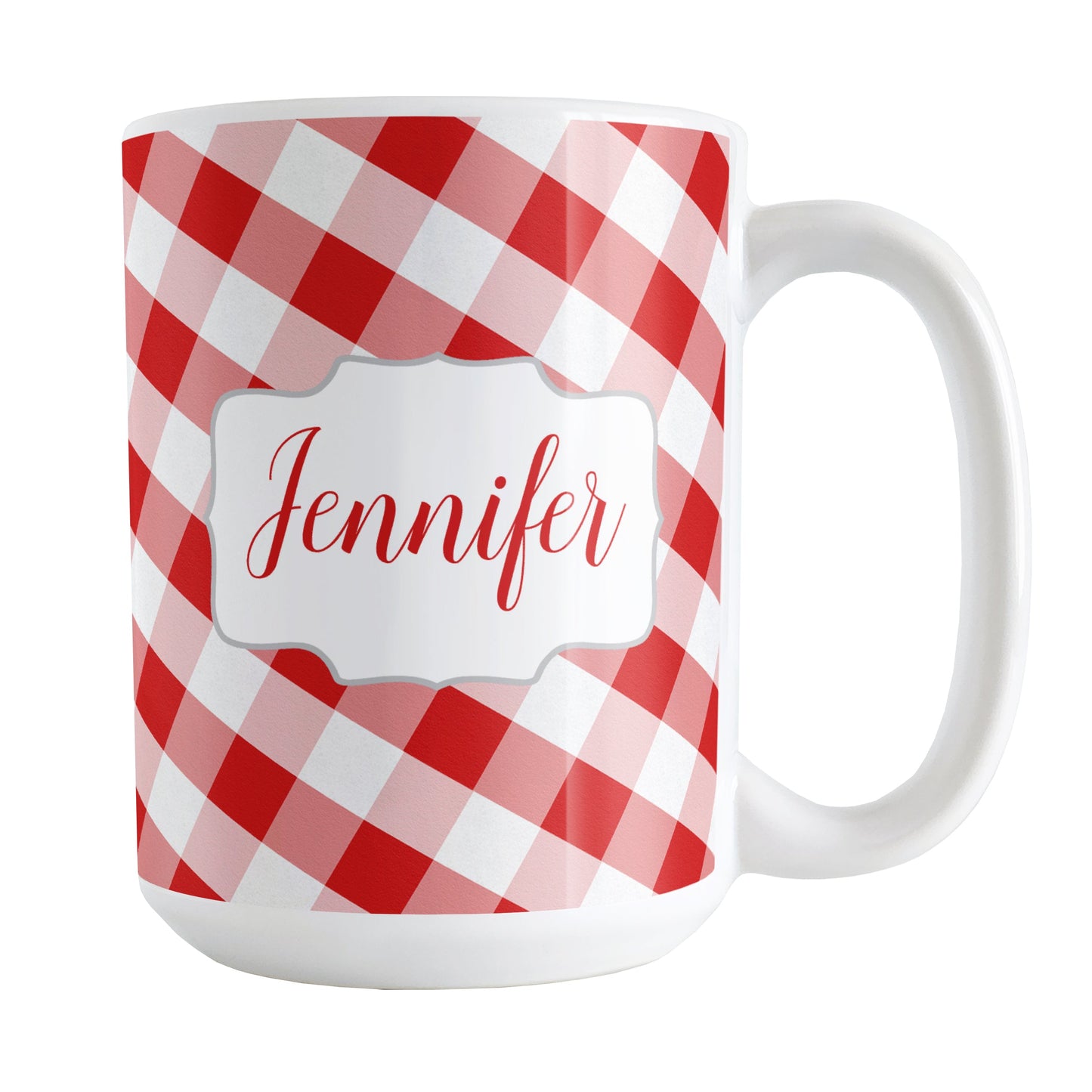 Personalized Red Gingham Mug (15oz) at Amy's Coffee Mugs. A ceramic coffee mug designed with a slanted red and white gingham pattern that wraps around the mug up to the handle. Your personalized name is custom-printed in a red script font on both sides of the mug over the gingham pattern.