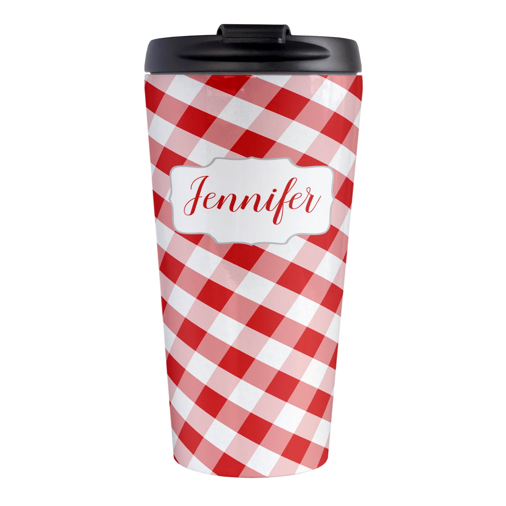 Personalized Red Gingham Travel Mug (15oz, stainless steel insulated) at Amy's Coffee Mugs. A travel mug designed with a slanted red and white gingham pattern that wraps around the travel mug. Your personalized name is custom-printed in a red script font in a white frame design over the gingham pattern.