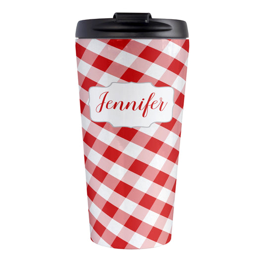 Personalized Red Gingham Travel Mug (15oz, stainless steel insulated) at Amy's Coffee Mugs. A travel mug designed with a slanted red and white gingham pattern that wraps around the travel mug. Your personalized name is custom-printed in a red script font in a white frame design over the gingham pattern.