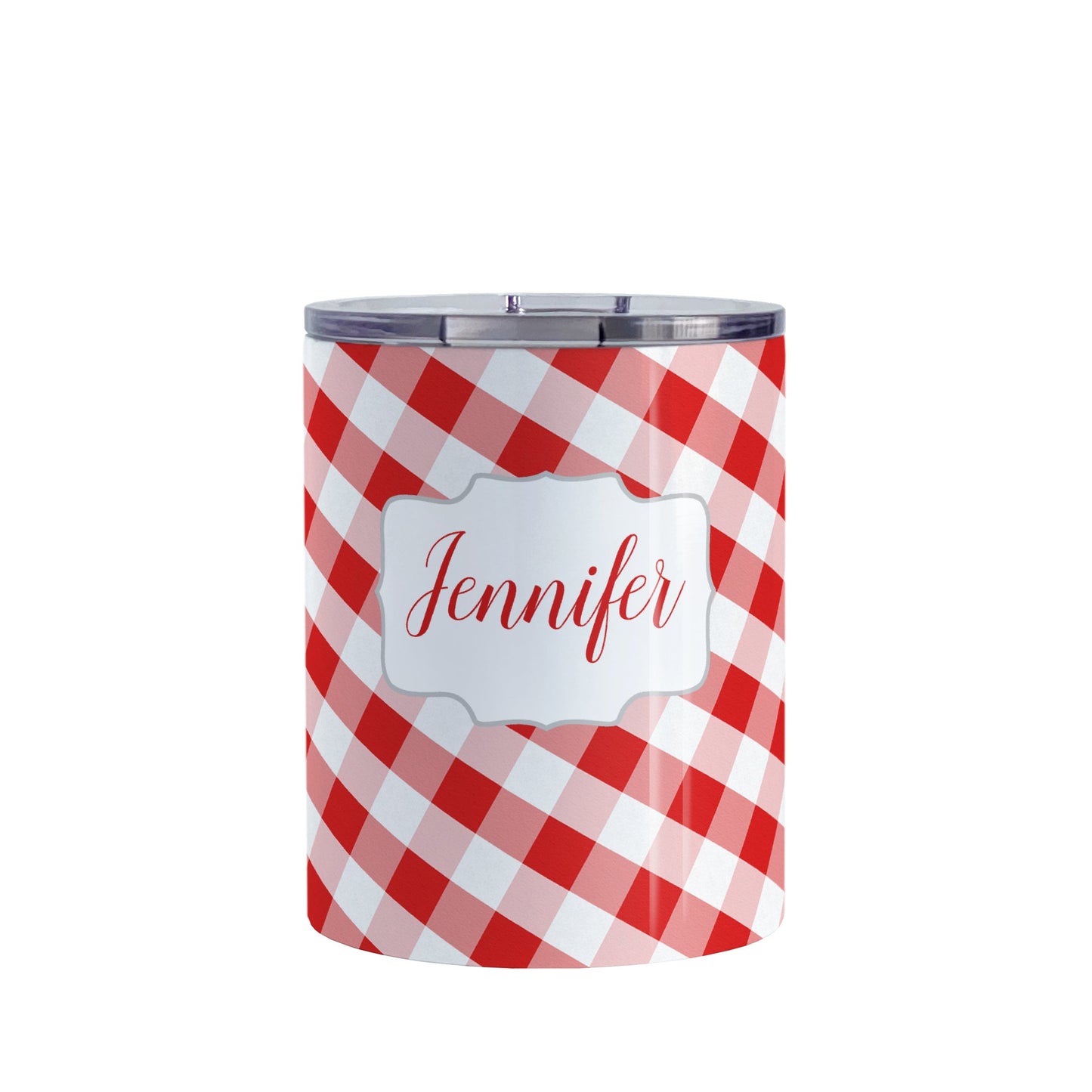 Personalized Red Gingham Tumbler Cup (10oz, stainless steel insulated) at Amy's Coffee Mugs. A tumbler cup designed with a slanted red and white gingham pattern that wraps around the cup. Your personalized name is custom-printed in a red script font in a white frame design over the gingham pattern.