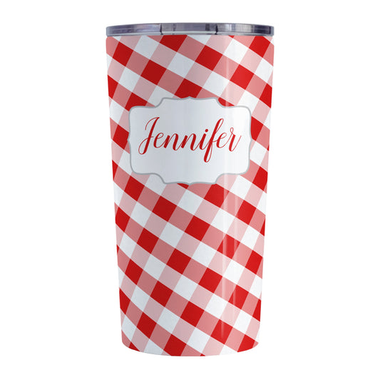 Personalized Red Gingham Tumbler Cup (20oz, stainless steel insulated) at Amy's Coffee Mugs. A tumbler cup designed with a slanted red and white gingham pattern that wraps around the cup. Your personalized name is custom-printed in a red script font in a white frame design over the gingham pattern.
