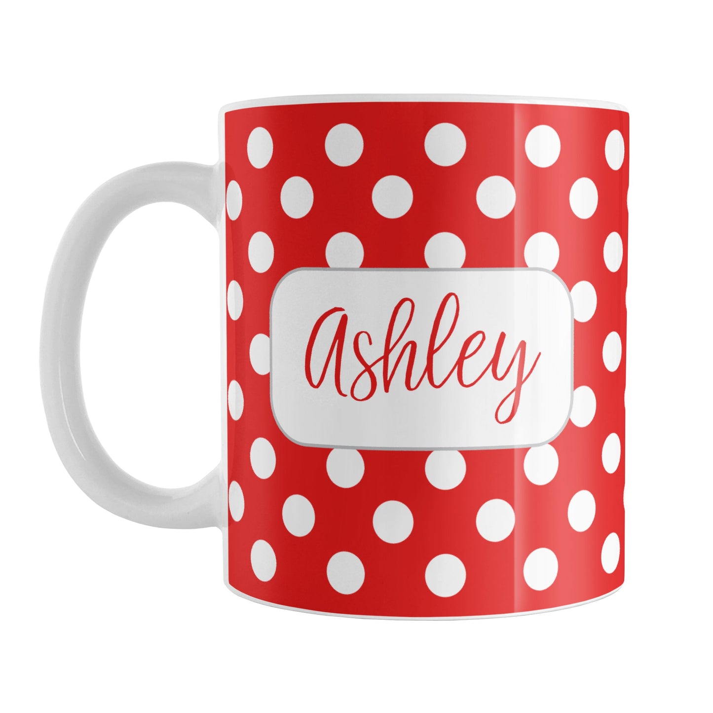 Personalized Red Polka Dot Mug (11oz) at Amy's Coffee Mugs. A ceramic coffee mug designed with a pattern of white polka dots over a red background color that wraps around the mug up to the handle. Your name is personalized in a cute red script font in a white frame design on both sides of the mug over the polka dot pattern.