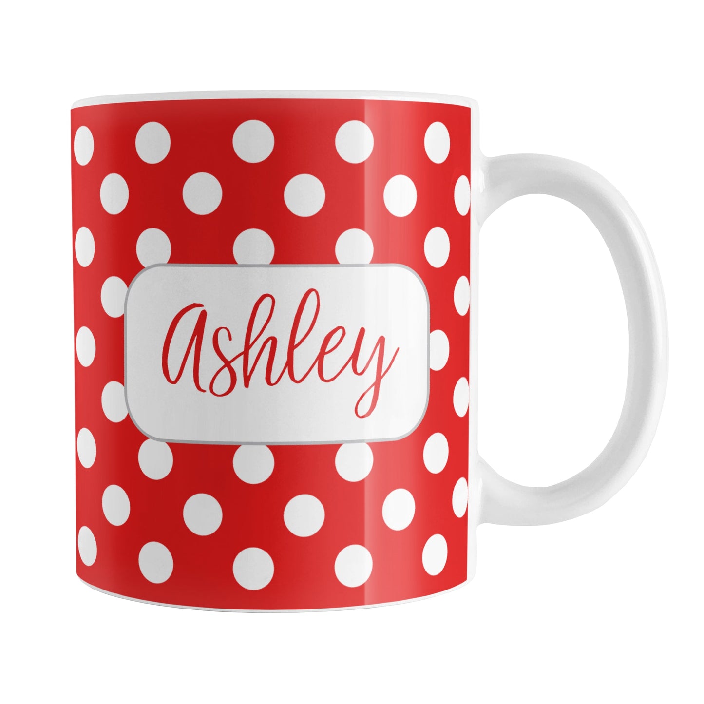 Personalized Red Polka Dot Mug (11oz) at Amy's Coffee Mugs. A ceramic coffee mug designed with a pattern of white polka dots over a red background color that wraps around the mug up to the handle. Your name is personalized in a cute red script font in a white frame design on both sides of the mug over the polka dot pattern.